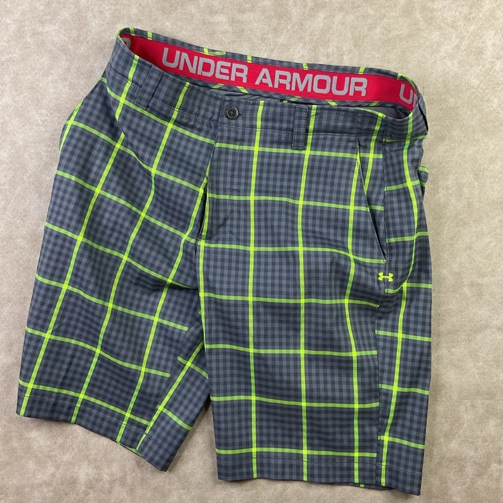 Under Armour Golf Shorts Men Sz 38 Gingham Plaid 11'' Flat Front Casual UA